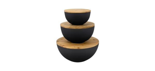 Bremel Home Large Salad Bowl Set of 3 Black Bowls with Wooden Lids, Bamboo Fiber Mixing &amp; Storage