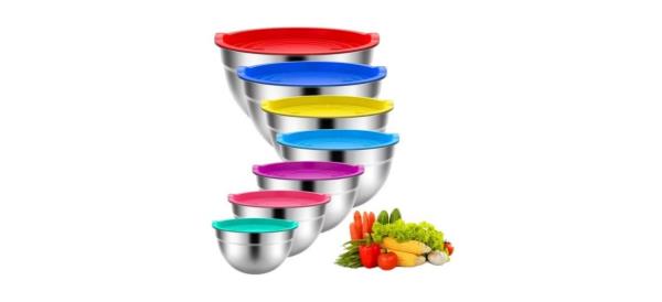 TINANA Mixing Bowls with Lids: Stainless Steel Mixing Bowls Set next to some vegetables